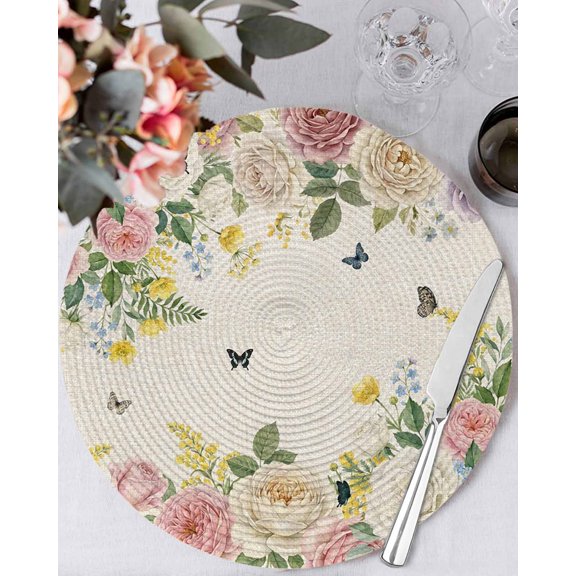 15 Inch Round Placemats Set of 6, Pink White Flowers Non Slip Heat Insulation PP Table Mats, Spring Floral Elegant Pastoral Botanical Rustic Washable Place Mats for Kitchen Dining Party Table Decor