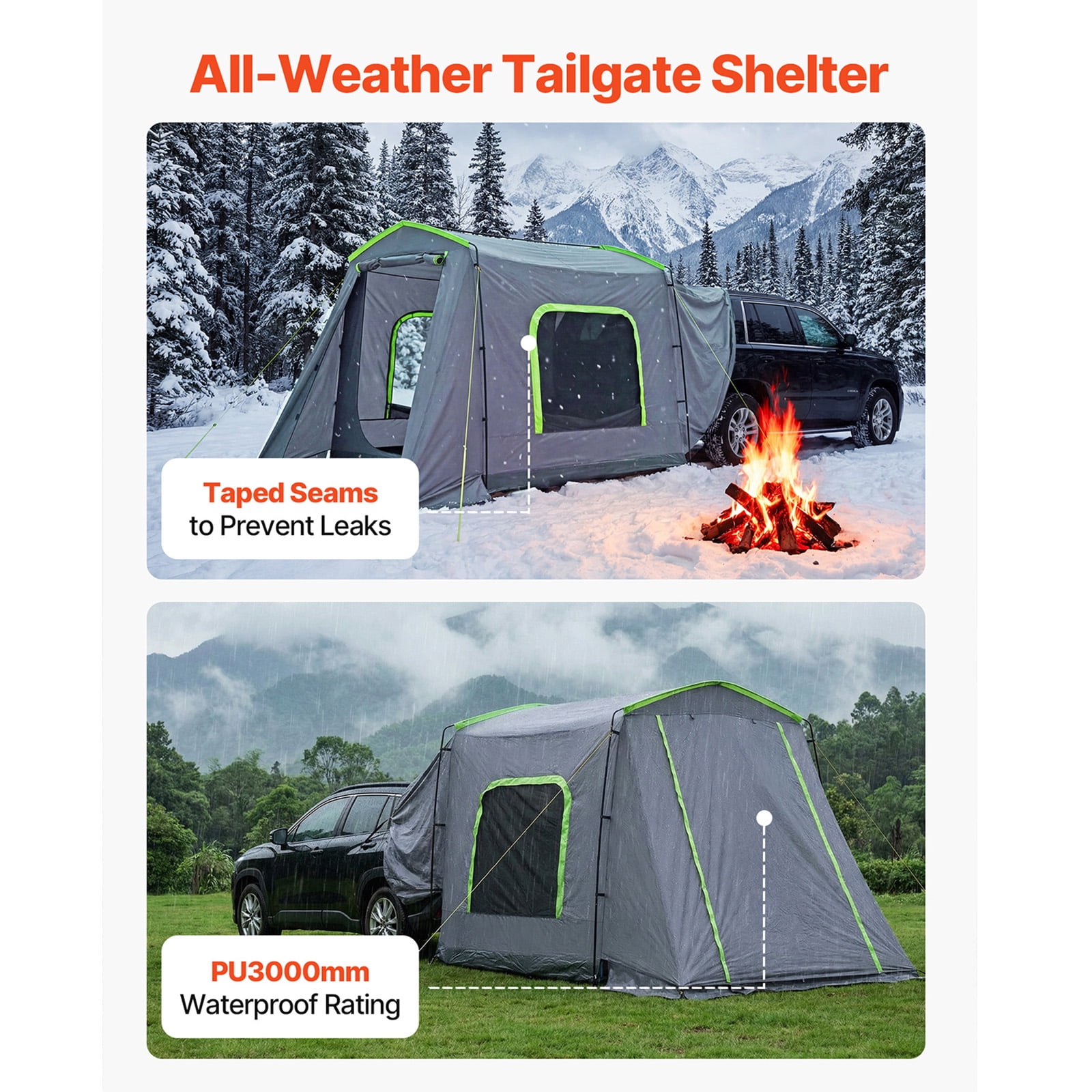 KFFKFF Large SUV Tent for 5–9 People, 10.6 x 8 FT All-Season Tailgate Tent with Ventilated Door & Mesh Windows, PU3000mm Waterproof Dual-Use Car Rear Hatch Tent for Camping and Hiking