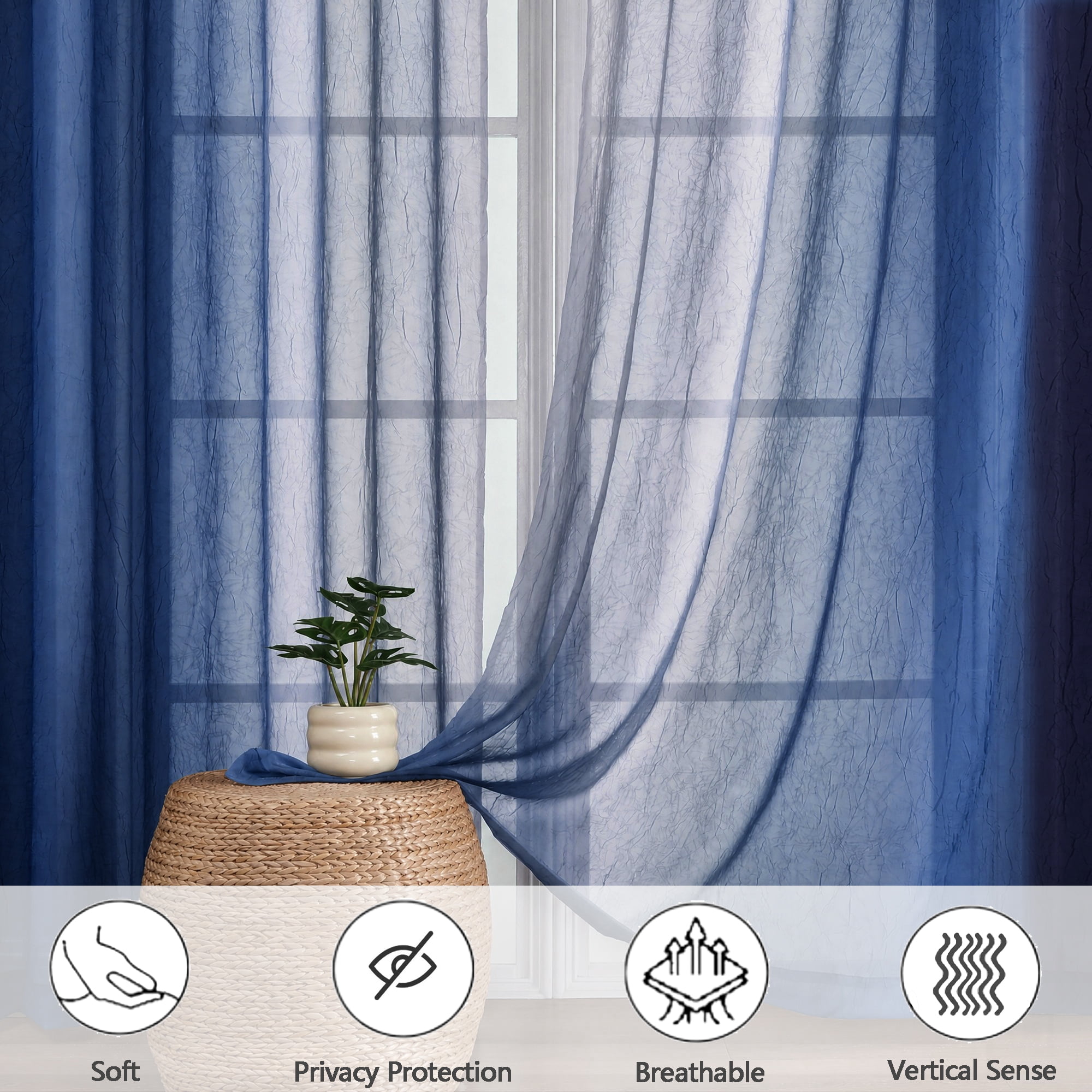 OVZME Cyan Blue Ombre Print Crushed Sheer Curtains 84 Inch 2 Panels, Light Filtering Window Drapes for Living Room Bedroom, Rod Pocket, Each 42Wx84L Inch