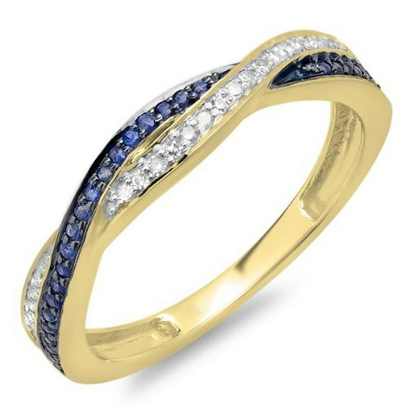 Dazzlingrock Collection 14K Round White Diamond & Blue Sapphire Ladies Stackable Wedding Band Swirl Ring, Yellow Gold, Size 5