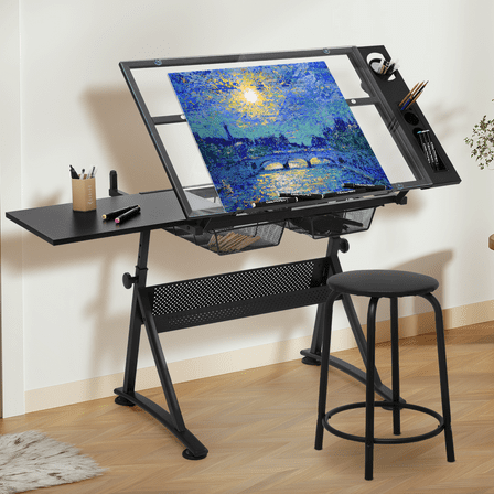 Magshion Craft and Drawing Station Tempered Glass Adjustable Drafting Table with Stool, Black