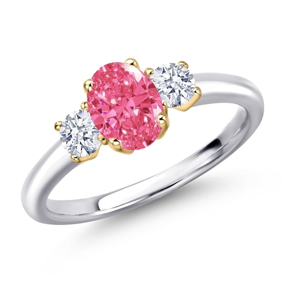 Gem Stone King 10K Two Tone Gold Fancy Pink Zirconia and White Zirconia Engagement Ring for Women | 1.41 Cttw | Oval 7X5MM | Gemstone Birthstone | Size 8