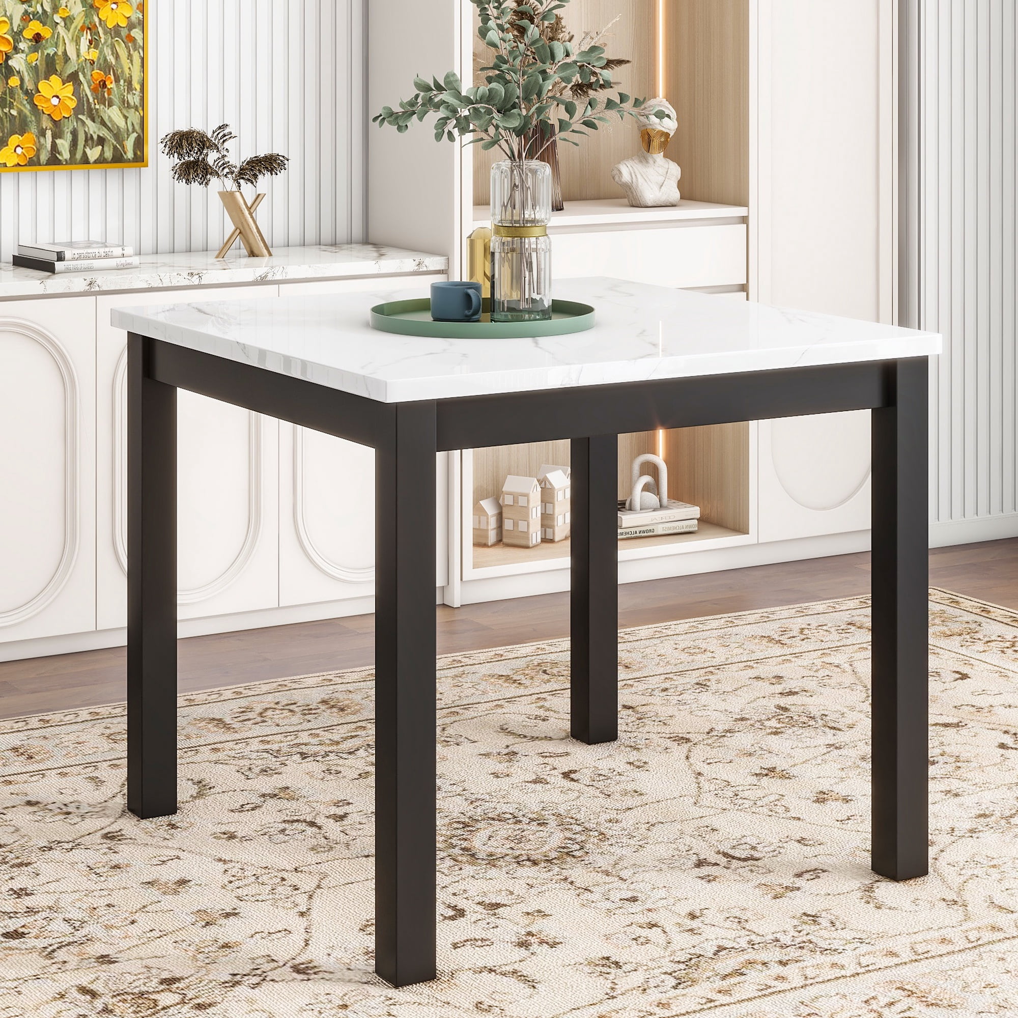PORKISS Dining Table Set for 4, Dining Room Set with Faux Marble Kitchen Table and Velvet Upholstered Chairs, Counter Height Dining Set, Grey