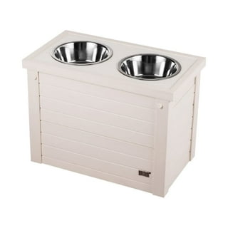 GrooveThis Woodshop Personalized 3 Bowl Elevated Dog Feeder Station with Internal Storage, Grey, Large