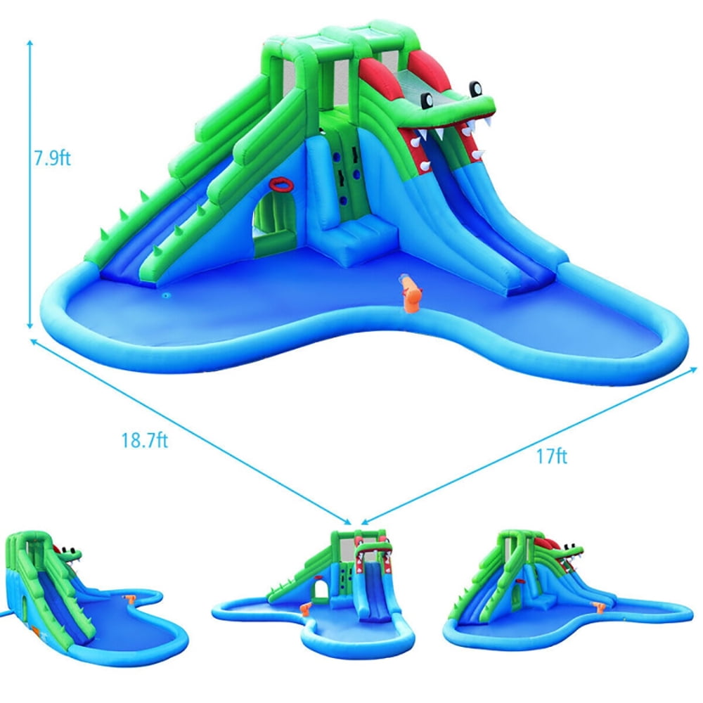 Aimee Lii Inflatable Water Park Crocodile Bouncer Dual Slide Climbing Wall without Blower, Bounce House Water Slide for Kids 5-10