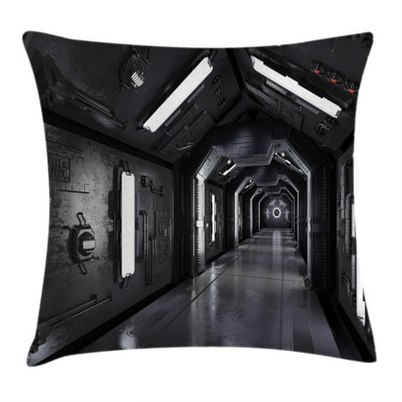 Outer Space Throw Pillow Cushion Cover, Dark Futuristic Corridor of Spaceship Adventure Technology Sci Fi Art Prints, Decorative Square Accent Pillow Case, 18 X 18 Inches, Dark Grey, by