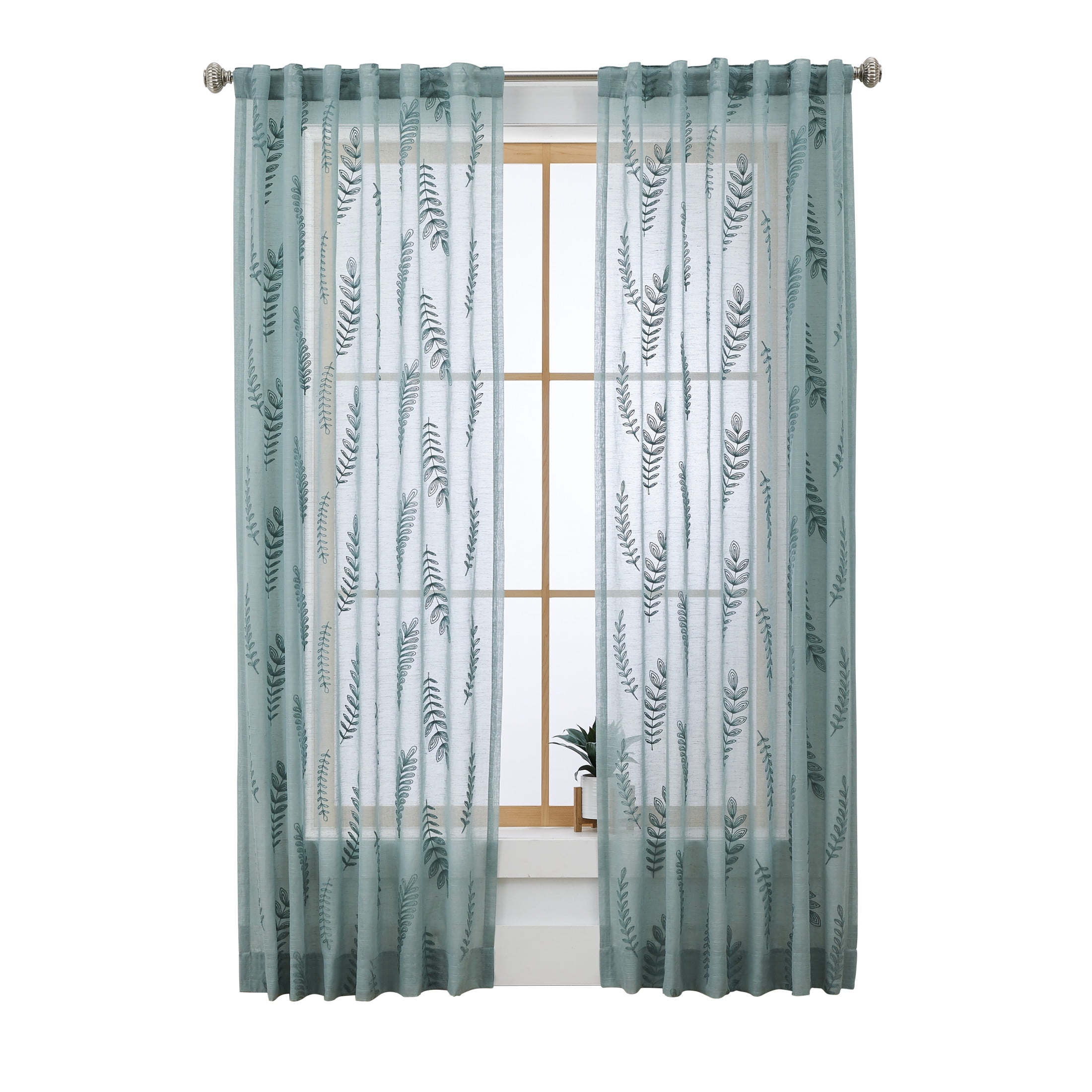 Better Homes & Gardens Embroidered Botanical Sheer Curtain, Single Panel, Green River, 50" W x 84" L