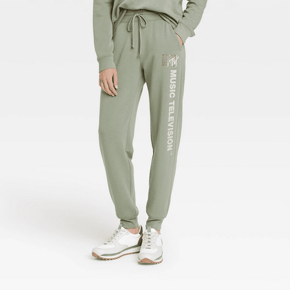 Women's MTV Leopard Print Logo Graphic Jogger Pants - (Green, Medium)
