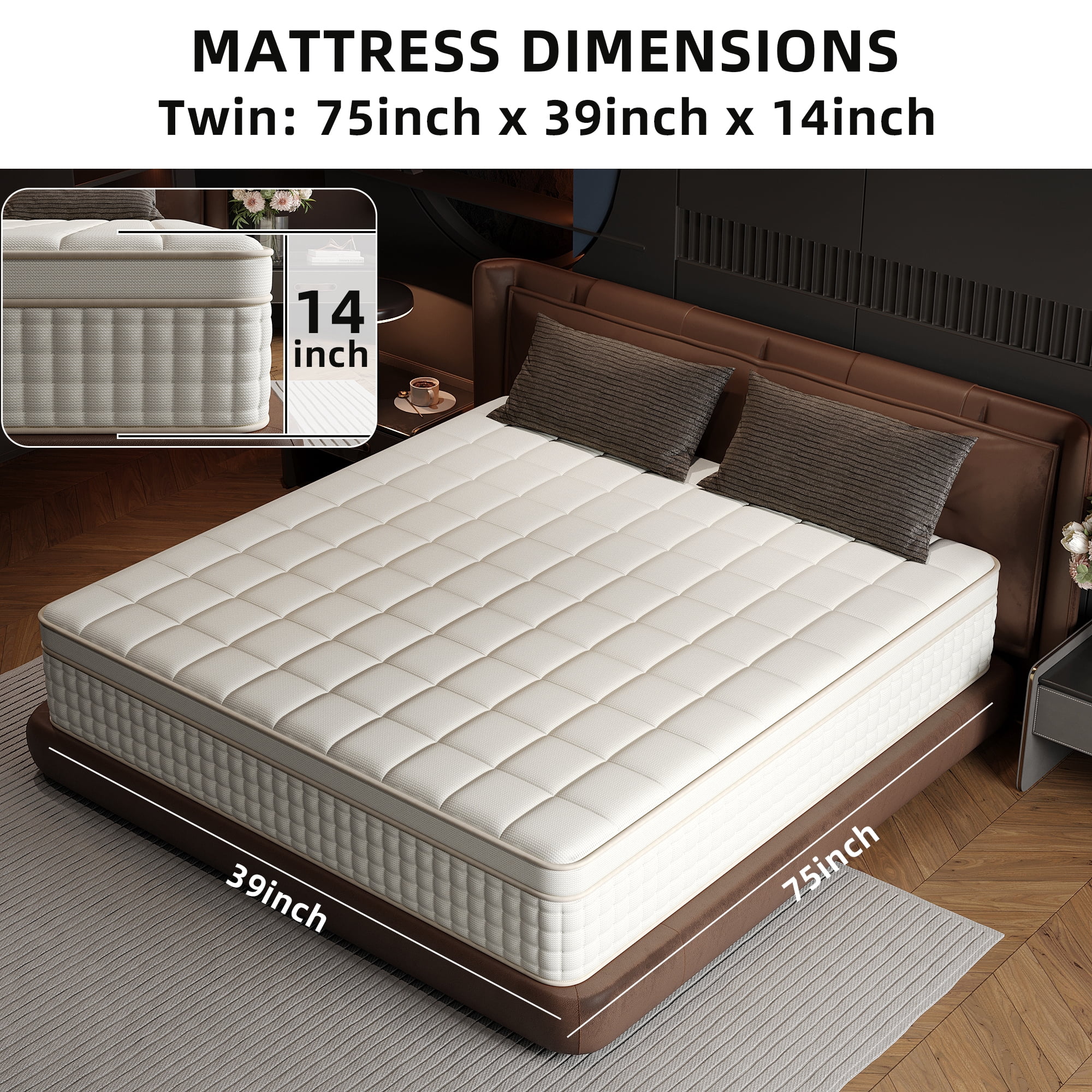 SILENCE MANGO 14 inch Twin Sized Hybrid Mattress, Gel Memory Foam, Individually Wrapped Pocket Springs, Medium Firmness, Zoned Pressure Relief Design, Boxed Mattress, High-density Foam Layer