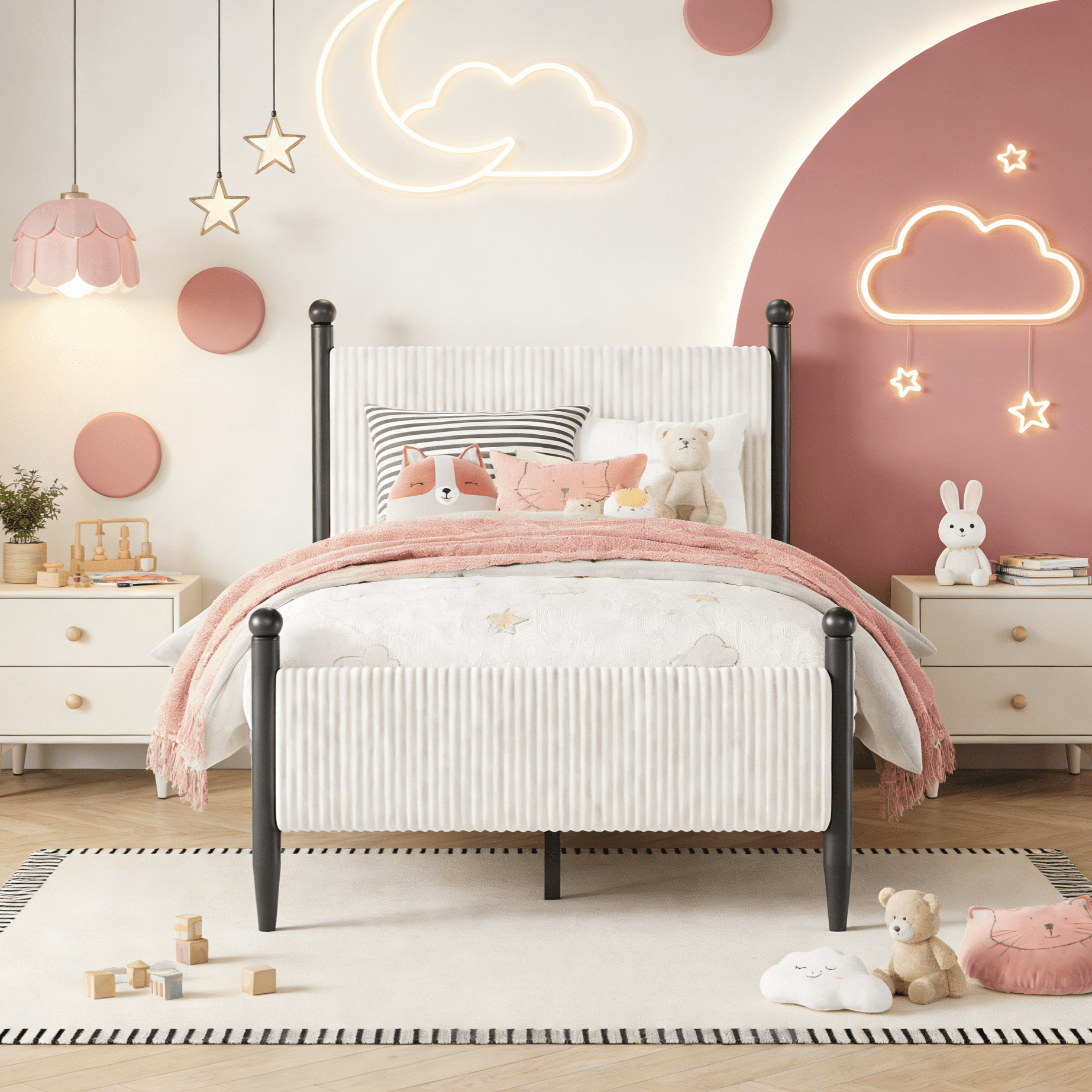 Twin Size Upholstered Bed Frame with Velvet Headboard, Soft Corduroy Fabric Platform Bed with Wooden Slats Support, No Box Spring Needed, White
