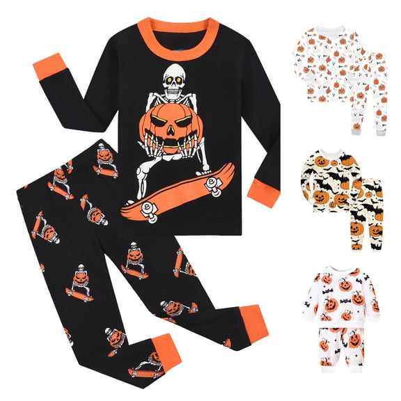 Miaoju Cotton Halloween Pajamas Set for Ghost Print Long Sleeved Top Trendy Sleepwear Set 2 Piece Pajama Outfits