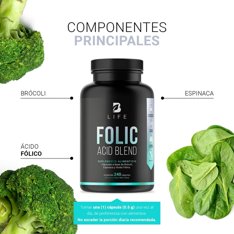 Ácido Fólico de 240 Cápsulas con Brócoli y Espinaca. Ingredientes Naturales. Folic Acid Blend B Life. B LIFE cápsulas