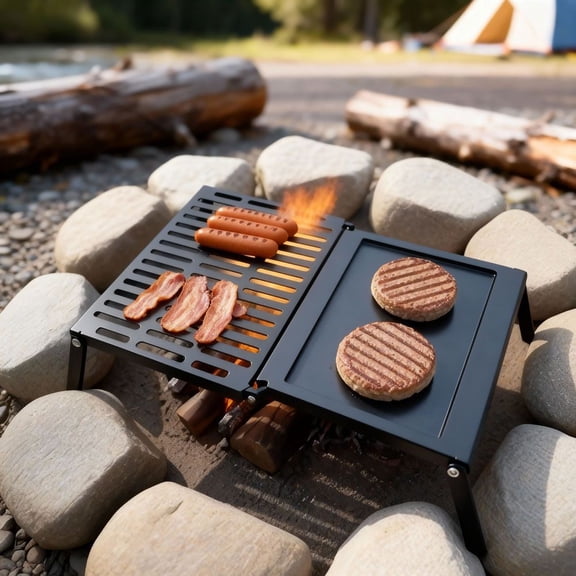 STARBBQ Fold-Out Campfire Grill & Griddle Combo | Portable over-Fire Camping Grill, Heavy Duty Steel Backpacking BBQ, Half Grill Half Griddle