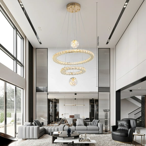 TFCFL Modern LED Chandelier Dimmable 3 Color Crystal Ceiling Pendant Light Hanging Lamp Fixture Adjustable Height