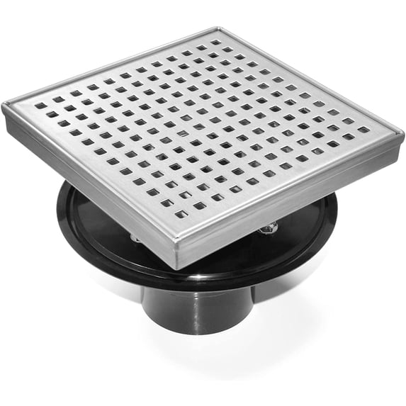HEATGENE 4-Inches Square Shower Drain with Flat Cover, Stainless Steel Shower Floor Drain with Removable Square Pattern Grate, Floor Shower Drain with Hair Strainer, Brushed