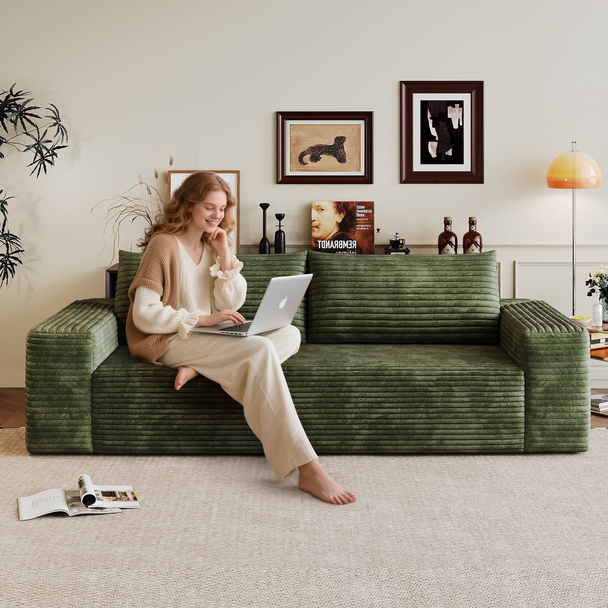 71" Corduroy Deep Seat 3 Seatser Sofa, No Assembly Comfy Couch for Living Room Bedroom Apartment, Green