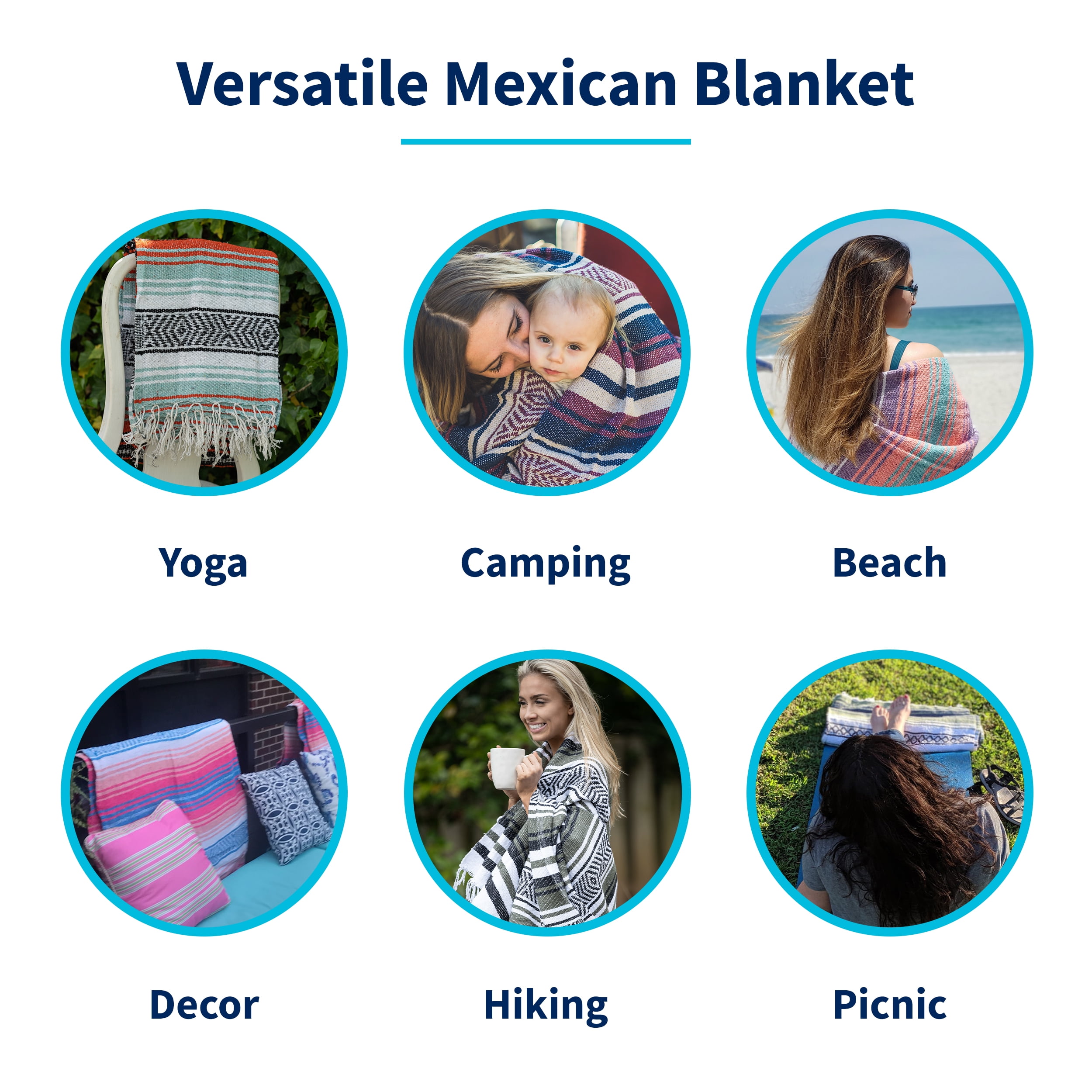 La Montana 4 Pack Mexican Blankets, 74" x 50" Yoga Blankets, Forest Green/Charcoal/White