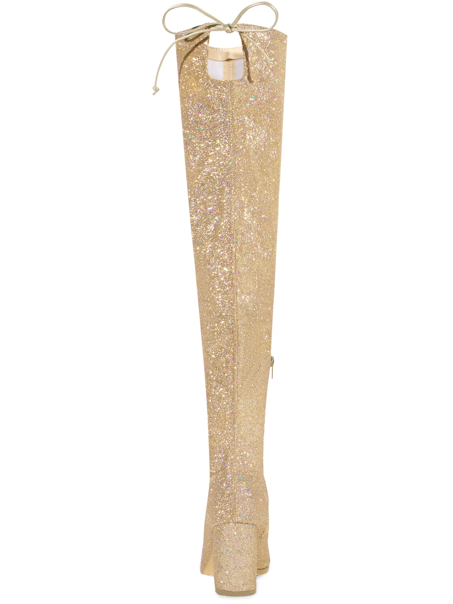 DARING DIVA Women's Glitter Round Toe Chunky Heel Over the Knee High Boots Gold 7.5