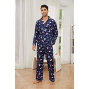 EK4YDNDS Mens Pajama Set, Soft Flannel PJS for Men Comfy Warm Printed Sleepwear(SPACESHIP-NAVY, L)