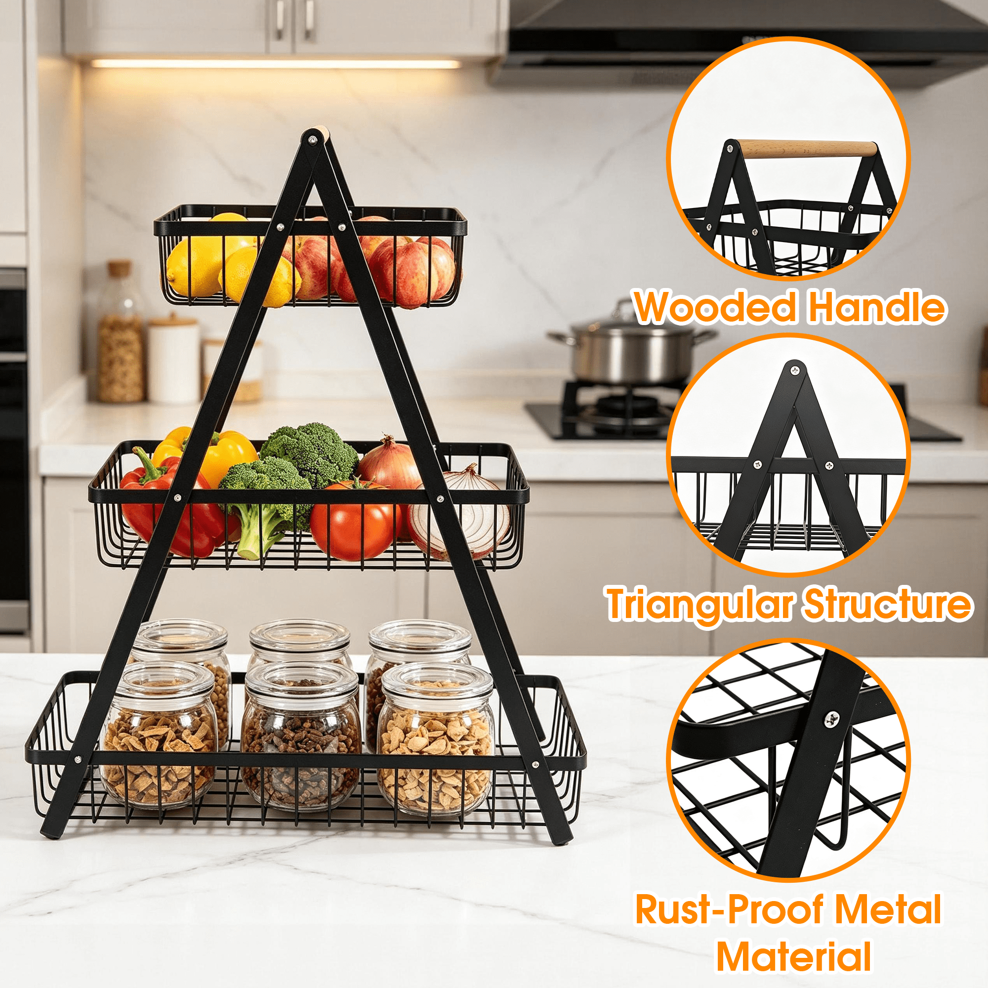 3 Tiers Fruit Basket, Kitchen Countertop Storage Basket with Wooden Handle, Metal Fruit Bowl Kitchen Office Dining Organizer for Fruit, Vegetable, Snacks
