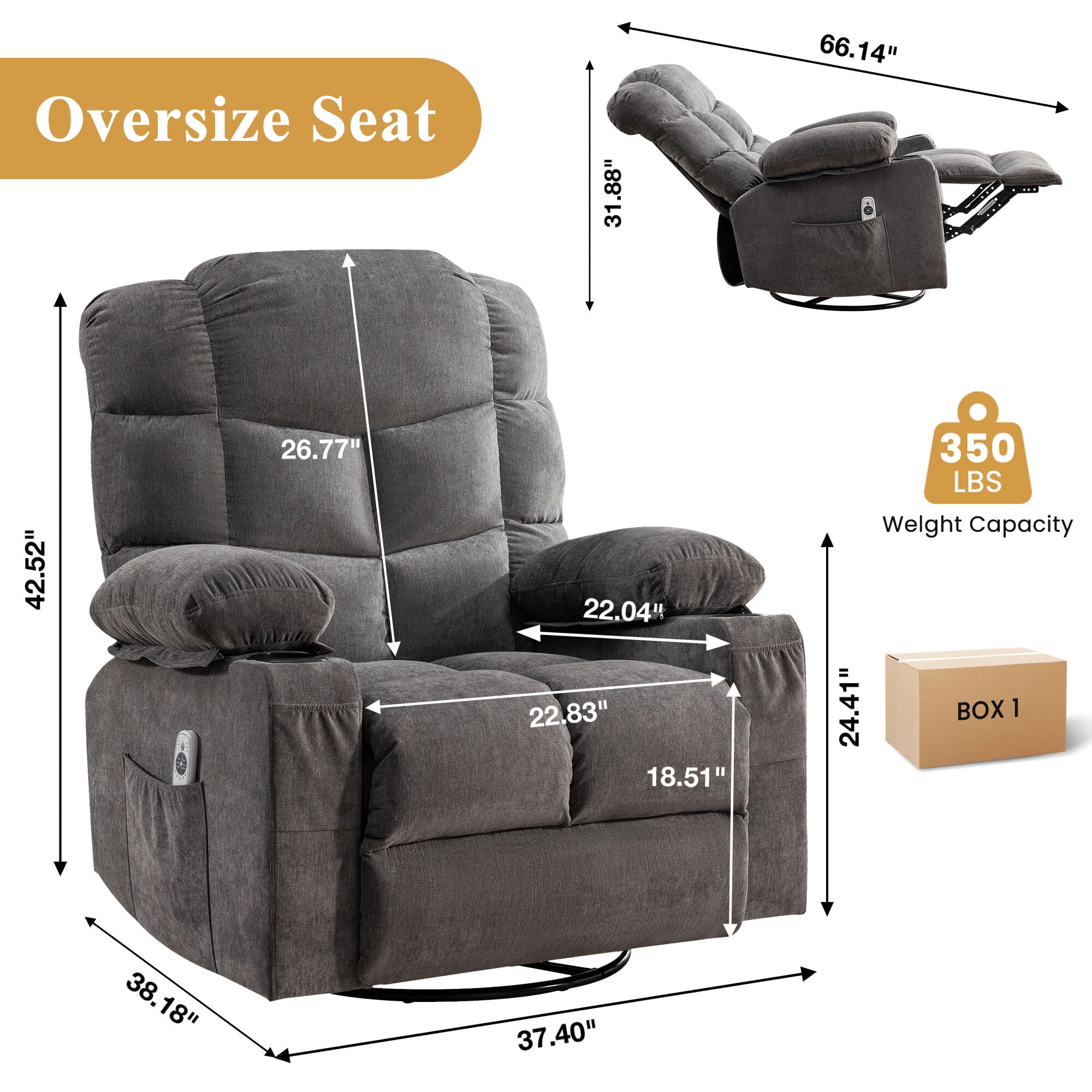 Alvantor Swivel Recliner Chair with Massage & Heat Single Rocker Sofa with Cup Holders for Bedroom Home Theater Gray