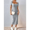 thumbnail image 4 of Women 2025 Summer Ribbed Short Sleeve Bodycon Maxi Dress Side Slit Knit Square Neck Long Sundress Light Gray L, 4 of 7