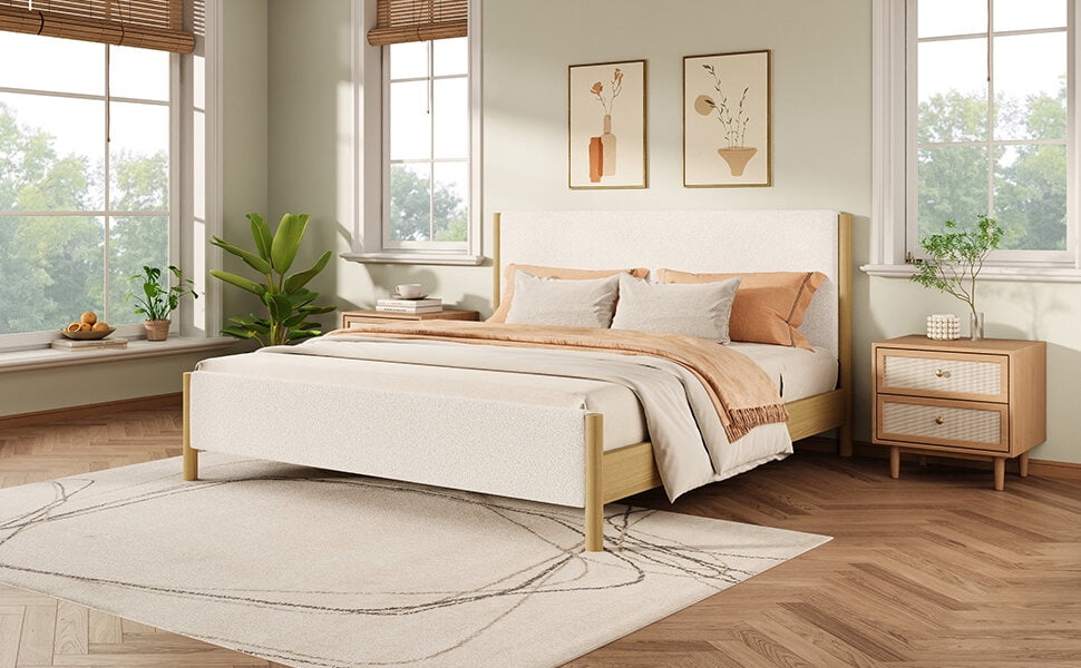 Bed Frames Modern White Boucle Upholstered Bed with Rubberwood Legs, Queen, White,Adjustable Bed Base