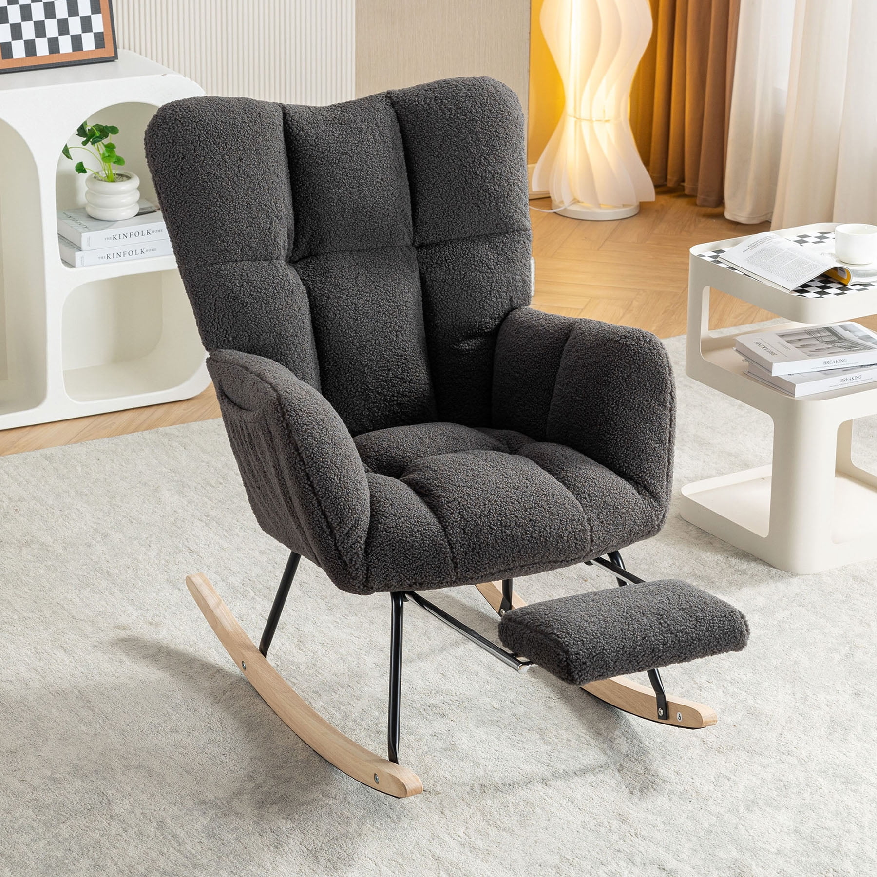 S-HOME Teddy Fabric Rocking Chair with Adjustable Footstool, High Backrest and Storage Pocket for Versatile Indoor Use, Dark Gray