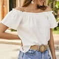 thumbnail image 4 of Blusa de verano con hombros descubiertos, informal, de color liso, de manga corta, con volantes, ajuste holgado, color blanco S, 4 of 7