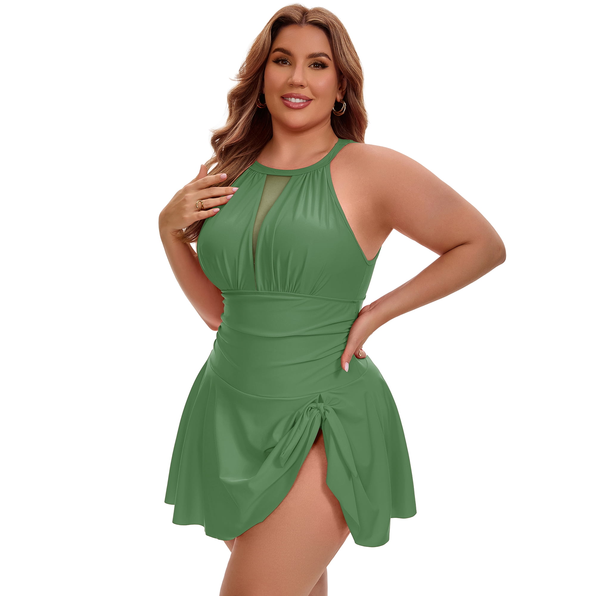 DARING DIVA Women's Plus 1 Piece Halter Mesh Sheer Tie Swimwear 4X Army Green