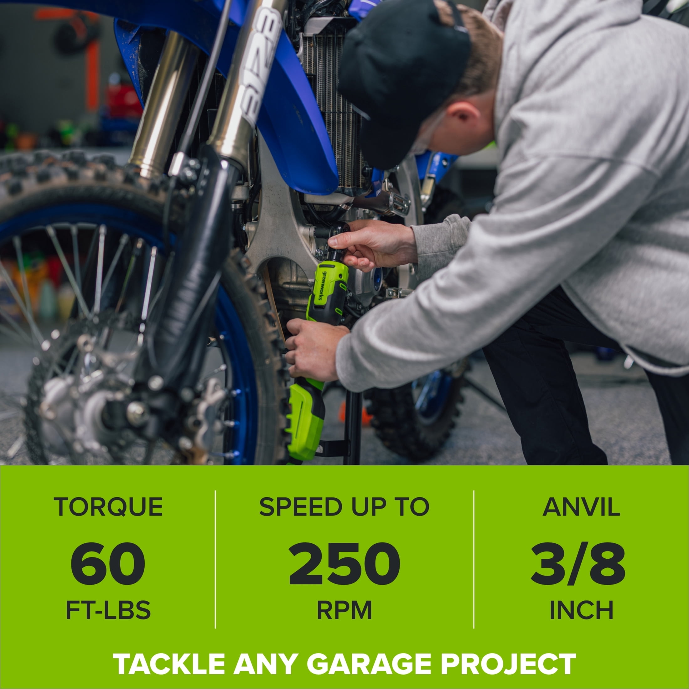 Greenworks PowerAll 24V Brushless 60 ft-lb 3/8" Ratchet Wrench, 2Ah Battery and 30W Cable, RW380A1