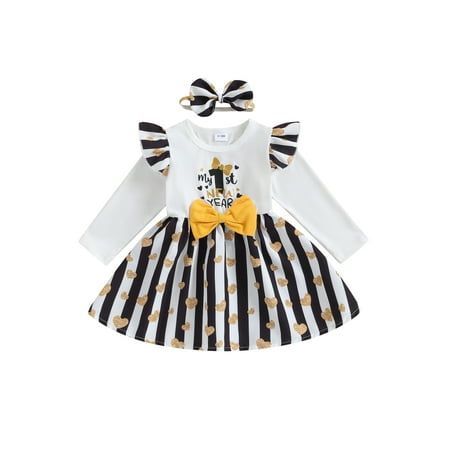

My First New Years Baby Girl Outfit 2024 Love Heart Print Bow Front Dress with Headband 2Pcs New Years Eve Clother Set