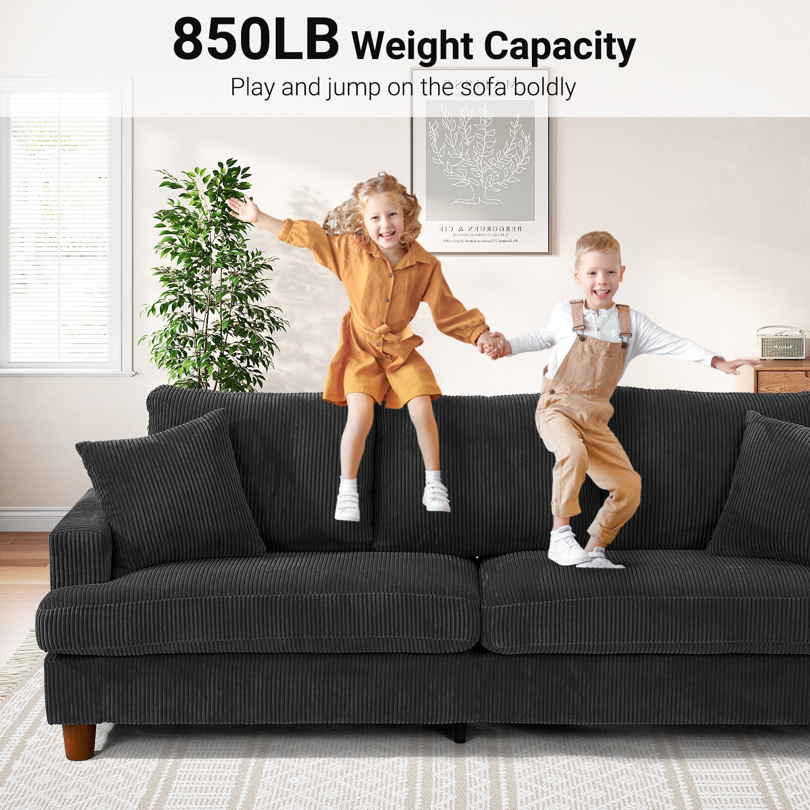 87" Corduroy Sofa,3 Seater Sofa with Extra Deep Seats,Neche Comfy Upholstered Couch for Living Room,2 Pillows,Black