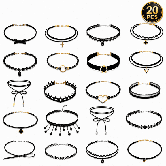 20 Pcs Women’s Black Choker Necklace Set, Velvet Lace and Chain Styles