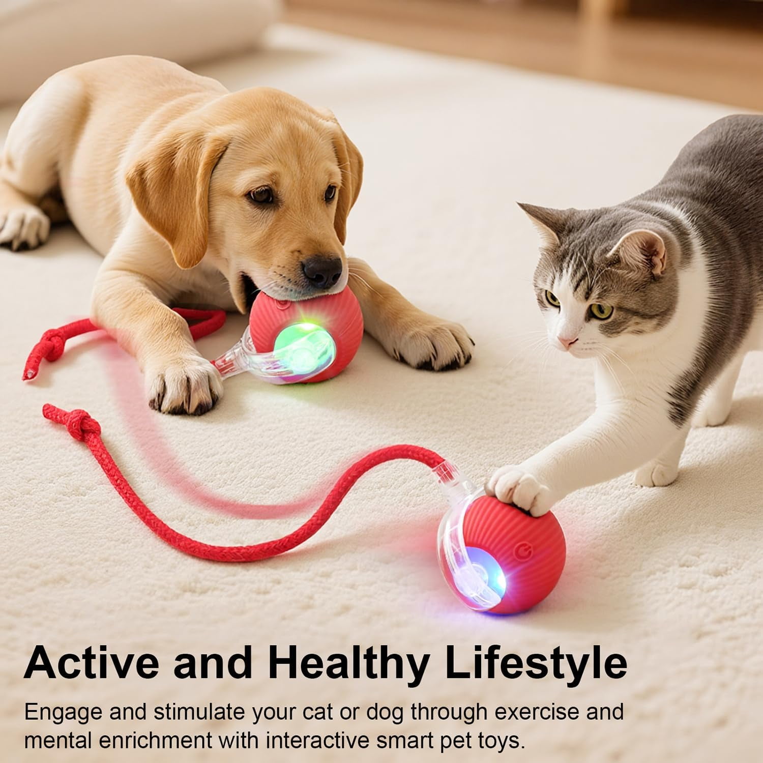 Interactive Cat Dog Rolling Ball Toy,Smart Automatic Ball for Cats & Dogs,360°Fully Rechargeable Rolling Moving Pet Toys Ball,Smart Pet Chase Ball with Speedy Tail Rope, Stimulates Hunting Instincts