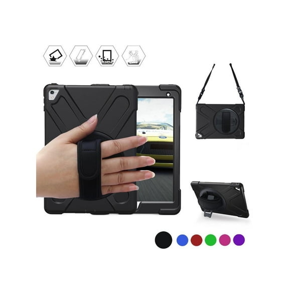 iPad Pro 9.7 inch Case 2016 Model A1673 A1674 A1675 Shockproof Hard Cover with 360 Degree Rotating Stand Hand Strap Shoulder Strap