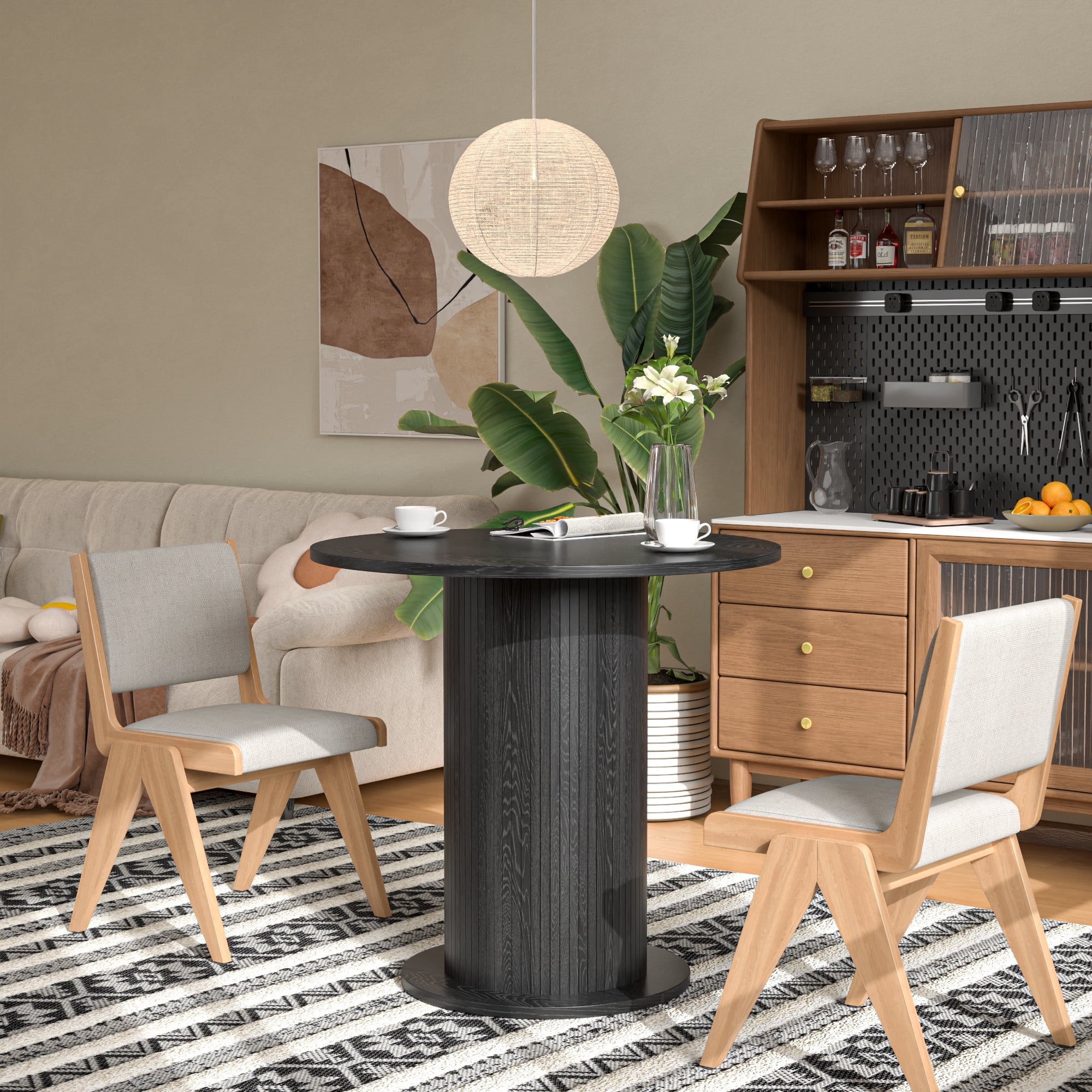 Modern Farmhouse Round Dining Table, Wood Kitchen Table for 2, Small Circle Dining Tables, Black