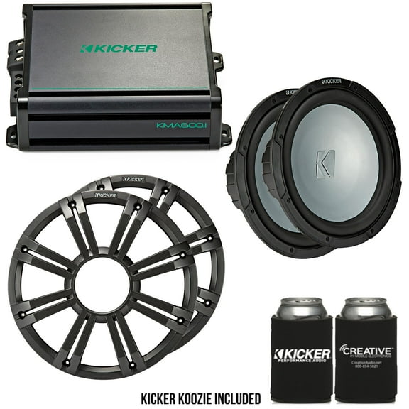 Kicker - Two 12 Inch LED  Marine Subwoofers in Charcoal, 1 Pair with 600 Watt Amplifier Bundle