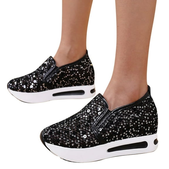 Mostsola Platform Sneakers for Women Slip on Loafers Glitter Sequin Mesh Tennis Shoes Walking Shoes