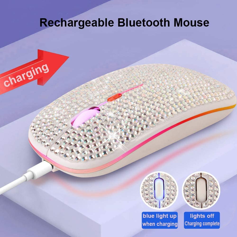 Bling Rhinestone Bluetooth Mouse, 2.4G Rechargeable Wireless Slim Mouse with USB Receiver, Sparkling Glitter Mouse for PC Laptop MacBook, Gift for Women