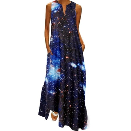 Womens 3D Galaxy Print Maxi Dress Sleeveless Beach Casual Sundress Plus Size