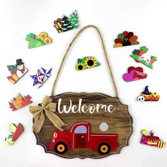 Truck Welcome Sign for Front Door Red Truck Decor with 12-PC Interchangeable Seasonal Icons Farmhouse Wooden Wall hanging for Valentines Easter Christmas Holiday Door Decorations