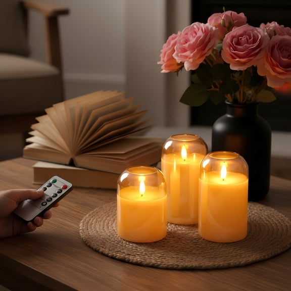 Goyuon Battery Operated LED Flameless Candles with Remote and Timer, Real Wax Candles Warm Color Flickering Light for Festival Wedding Home Party Decor(Pack of 3)-Gold