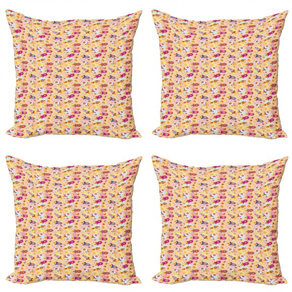 Ambesonne Space Throw Pillow Cover 4 Pack, Animals in Rockets, 20", Earth Yellow Pale Peach