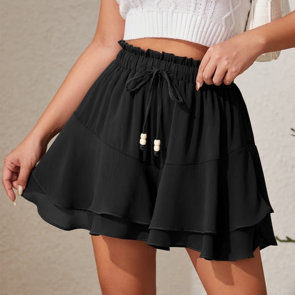 Women's High Waisted Mini Skirt Layered Ruffle Hem Smocked Elastic Waist Skirt with Drawstring Flowy Lightweight Summer Vacation Beach Boho Style Skirt