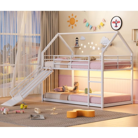 Low Bunk Bed Twin Size with Slide 40° Gentle-Slope & LED Light, House-Shaped with Extra-Tall Guardrail & Ladder, No Box Spring Needed, White