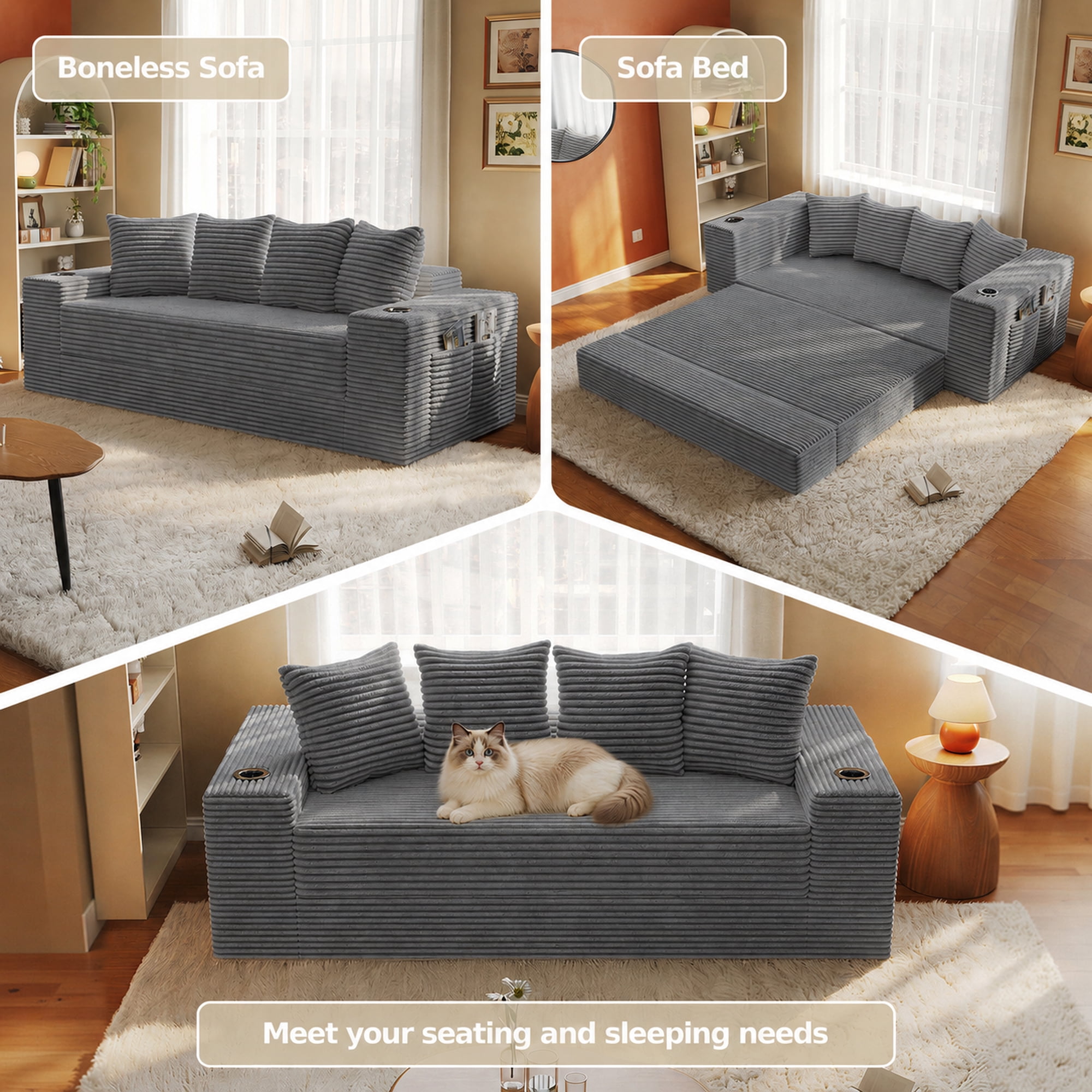 GARITIN Frameless Teddy Couch Bed 77 Inch, Boneless Corduroy Convertible Sofa with Cup Holders and Side Storage for Living Room, Grey