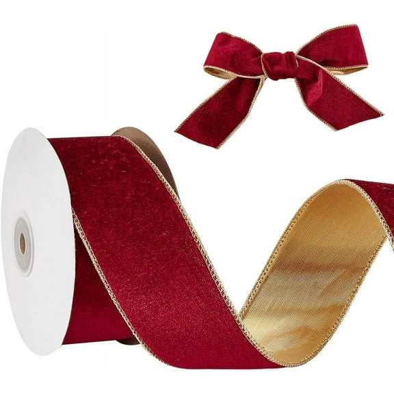 10 Yards Dark Burgundy Velvet Ribbon 2 Inch Wide Dark Red Christmas Wired Ribbon with Gold Back Wire Edge Trim Christmas Tree Ribbons for Gift Wrapping Indoor Outdoor Decor Wedding Party Dark Red