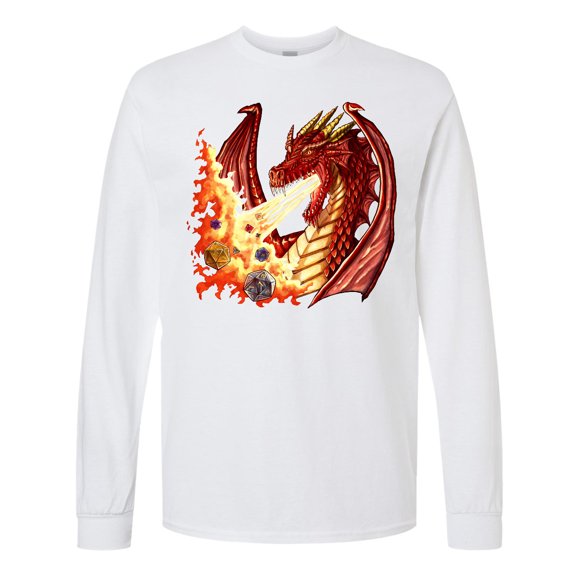Inktastic Dragon Breathing Fire with Role Playing Dice Long Sleeve T-Shirt