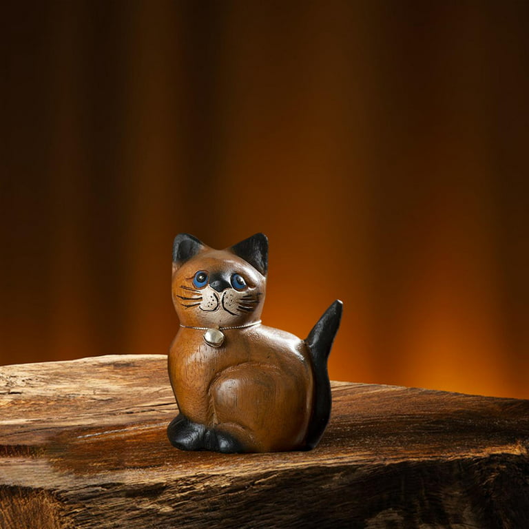 Wood Carving Cat Statue, Kitten Figurine Ornament Decorative Art Works  Collection Handmade Kitten Figure for Dining Room Home Decors Gift S Head  Left